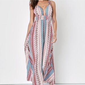 Lulus Maxin' Relaxin' Blue Multi Print Sleeveless Tie-Strap Maxi Dress Size XS